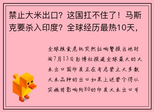 禁止大米出口？这国扛不住了！马斯克要杀入印度？全球经历最热10天，多国拉响警报 